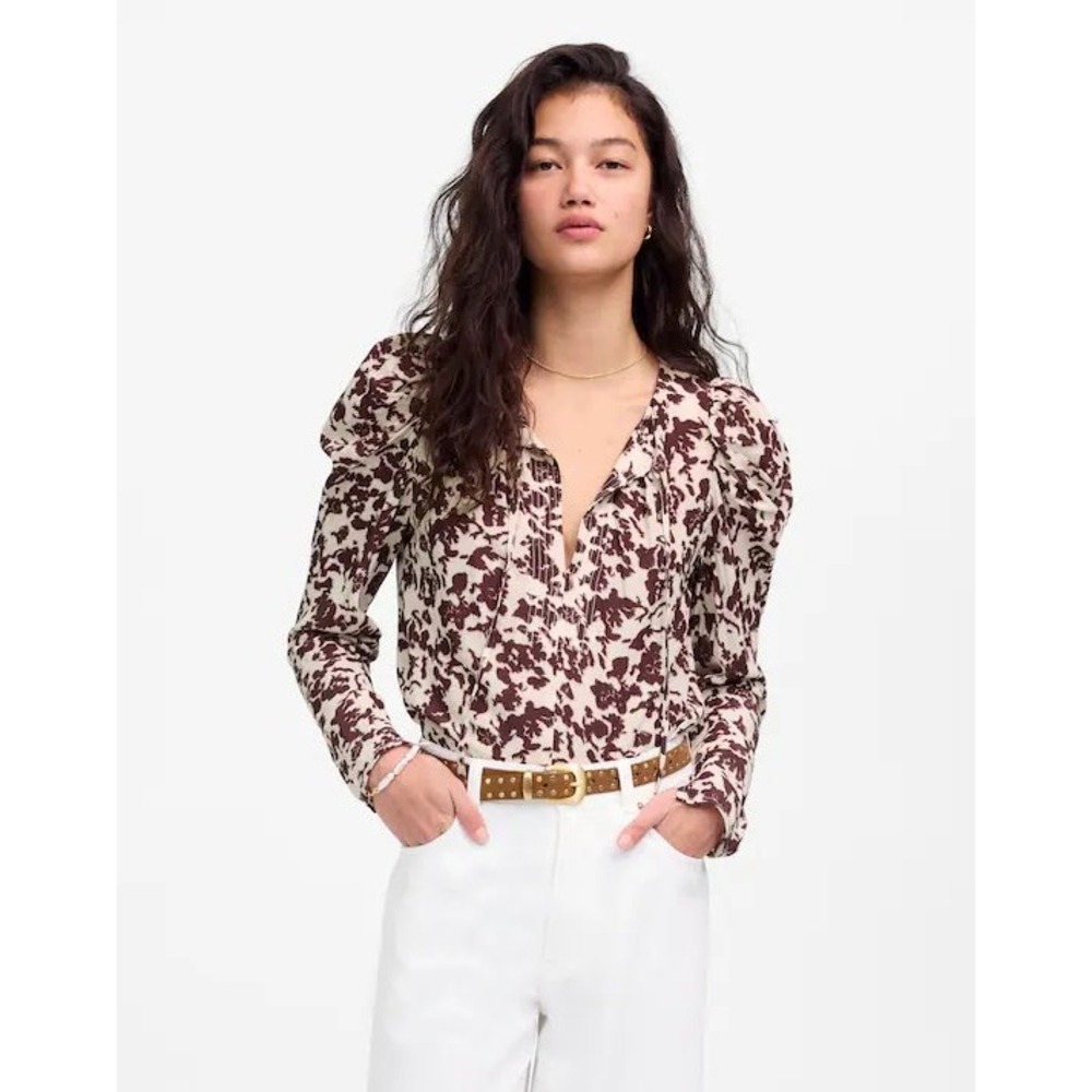 Madewell Draped Tie-Front Top XXS Chocolate Raisin Floral Puff Sleeve